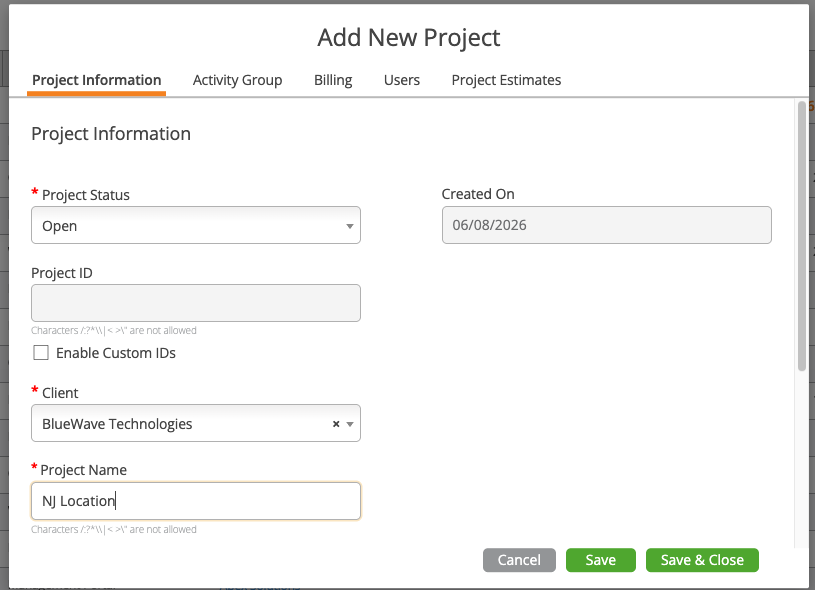 Add New Project Dialog