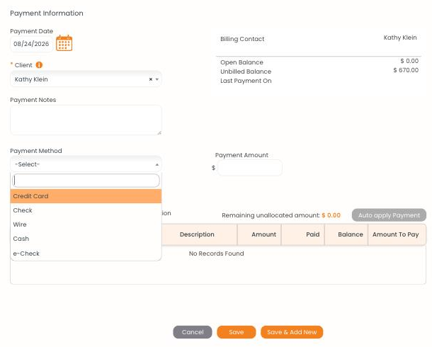 Add Client Payment Billing