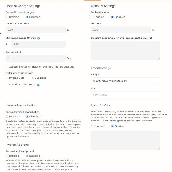 Invoice Finance and Discount Settings