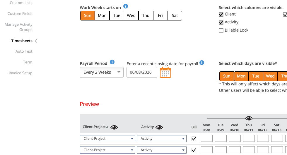 Customize Timesheet Settings