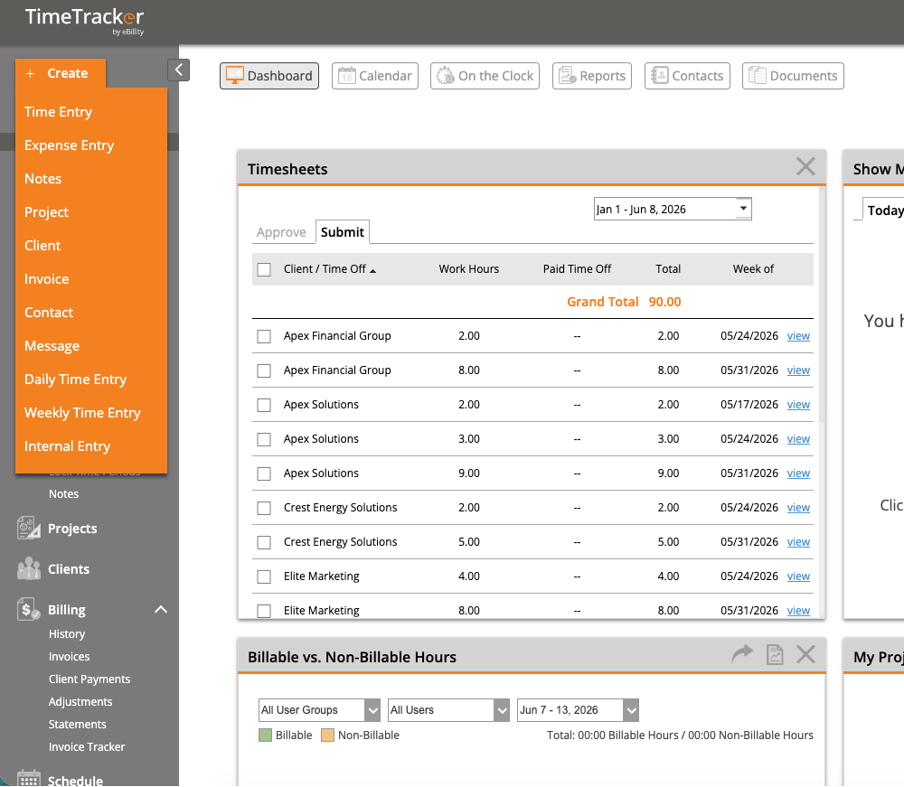 Dashboard with Quick Create Menu
