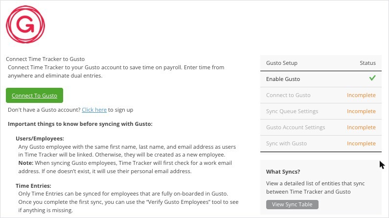 Gusto Setup Page Before Connecting