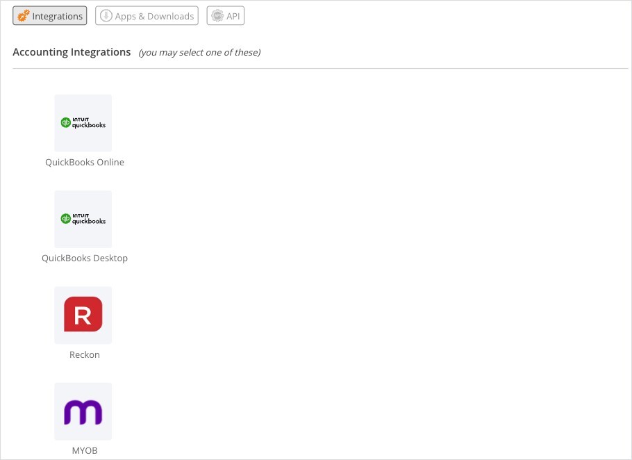 Integrations Page Accounting Integrations