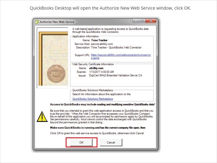 QuickBooks Desktop Authorize New Web Service
