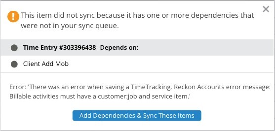 Sync Log Dependency Problem Window