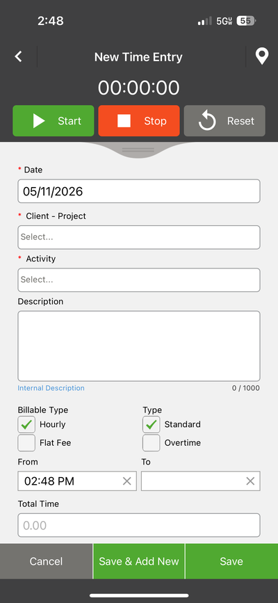 Mobile - New Time Entry
