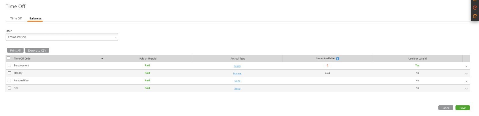 Time Off Balances Tab
