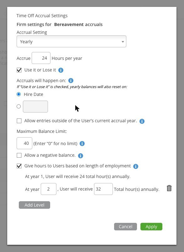 Yearly Accrual Settings